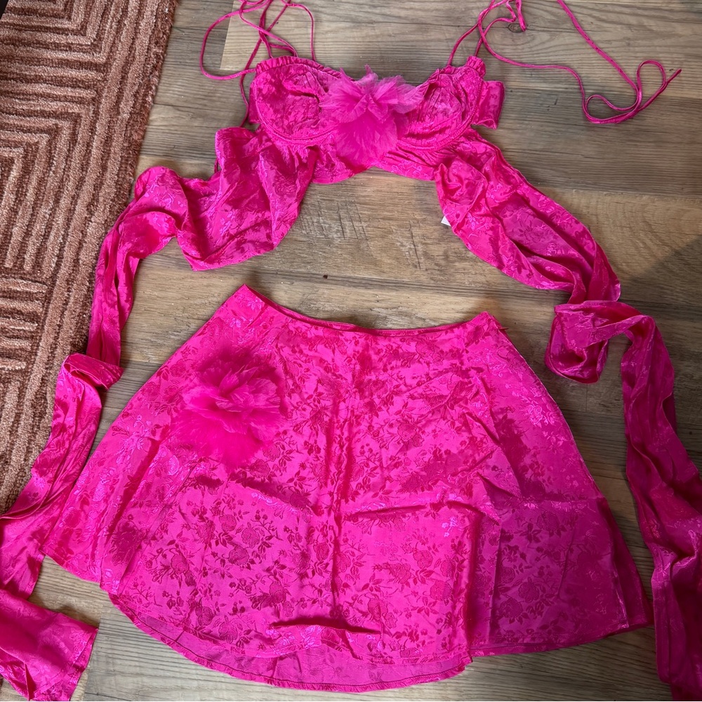 For Love & Lemons Hot Pink Lace Crop Top & Skirt Set - Picture 3 of 8